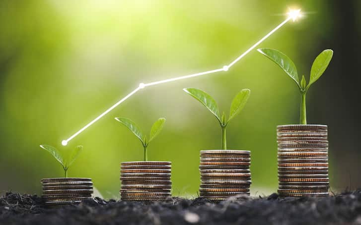 Four stacks of coins on an incline, sitting in soil, with leaves growing from them. Above the leaves is a line graph trending upwards. This image reflects how business can achieve success through strong ESG practices.