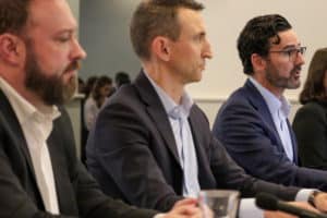 L-R: CCIWA's Director Workplace Relations Ryan Martin, Chief Economist Aaron Morey and CEO Chris Rodwell address the Senate committee hearing in Perth