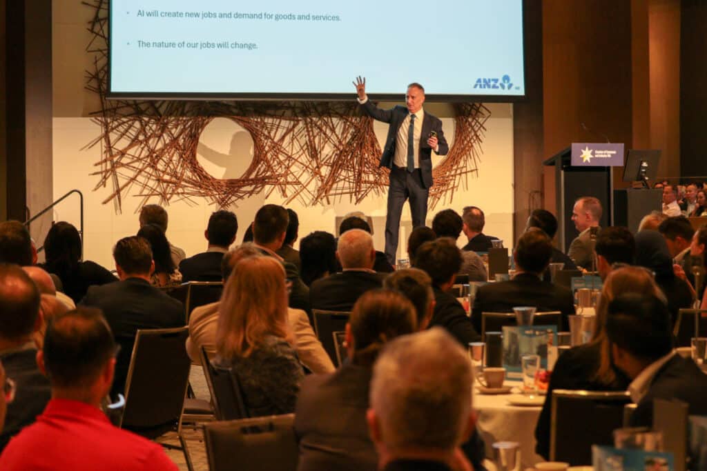 Adam Boyton from ANZ presents economic outlook at a breakfast event in Perth.