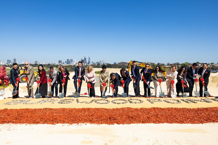 Several people standing in a line with shovels digging soil.