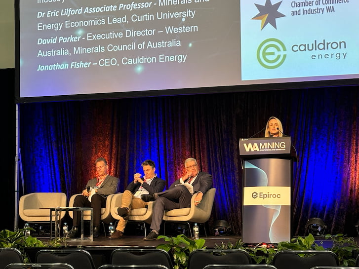 Dr Anthea Wesley speaking at a podium with three panelists seated on the stage at a mining conference.