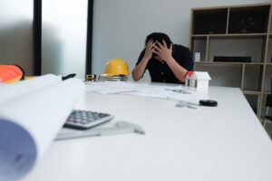 A person sits at a desk with head in hands, surrounded by a hard hat, architectural plans, a calculator, and a small model house.