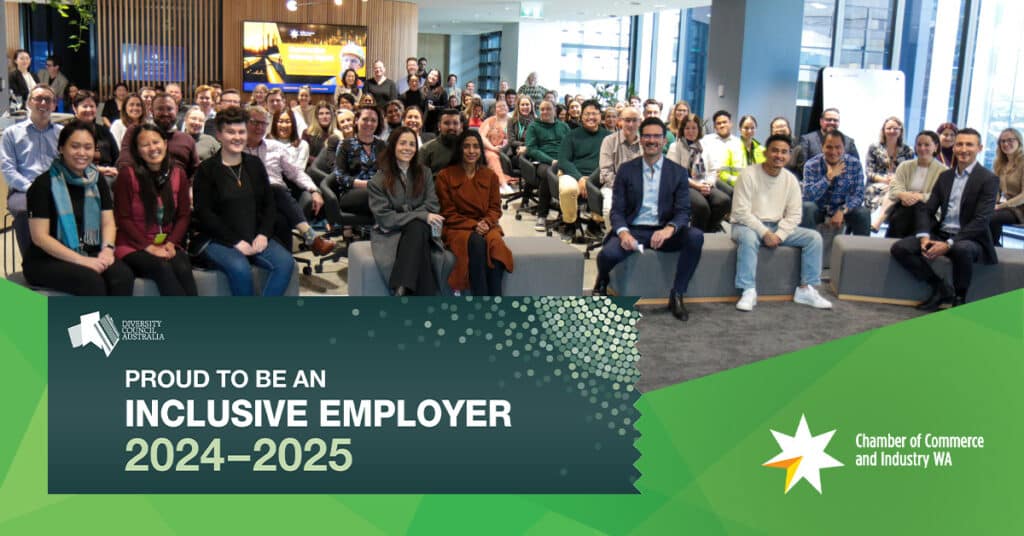 CCIWA employees sit together. The organisation is a 2024-45 Inclusive Employer award winner.