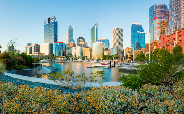 Skyline of Perth City, Western Australia at sunset.