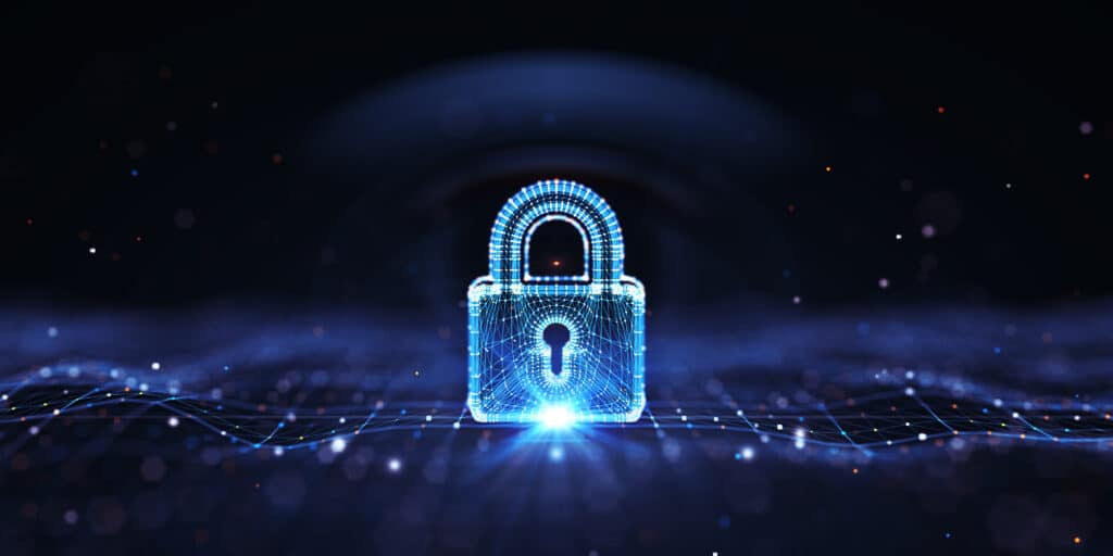 A glowing padlock with illuminated lines, symbolising cyber security and digital protection.