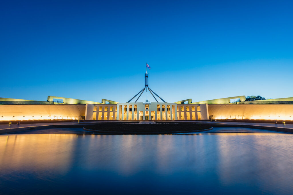 Australian Parliament House, the meeting place of the Parliament of Australia at night - twilight. Long-time exposure. Capital Hill, Canberra, Australian Capital Territory, Australia
