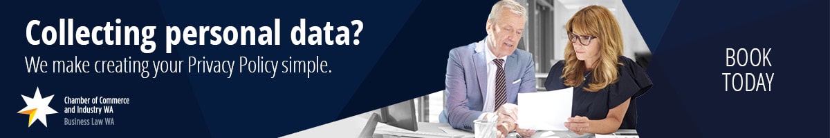 A man in a grey suit and a woman with long auburn hair and glasses sit at a desk, looking at a document together. Beside them, text reads “Collecting personal data? We make creating your Privacy Policy simple” with a “Book today” button.