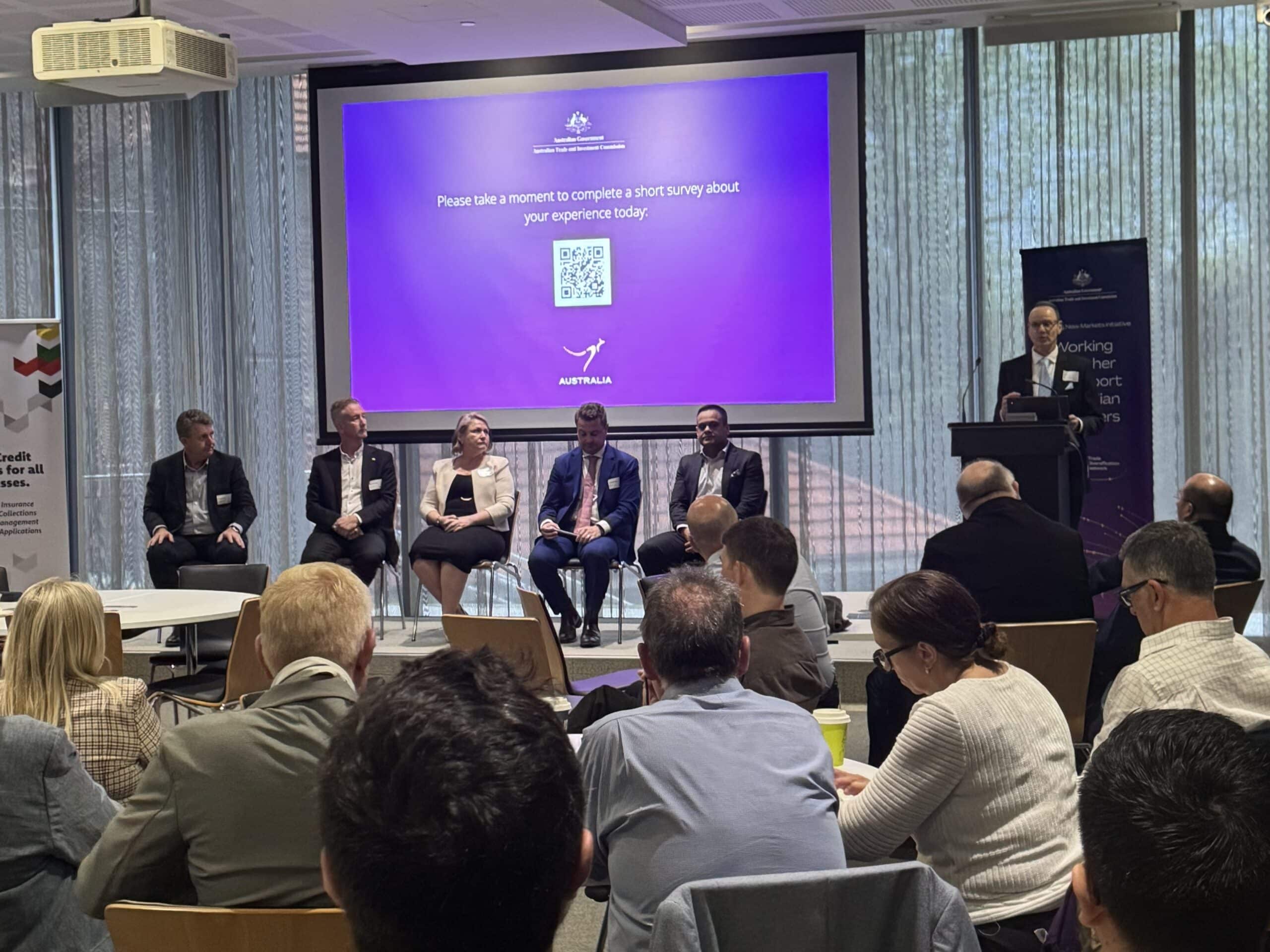 Attendees listen to an industry panel at the Austrade Trade Resilience Service Roadshow in Perth.